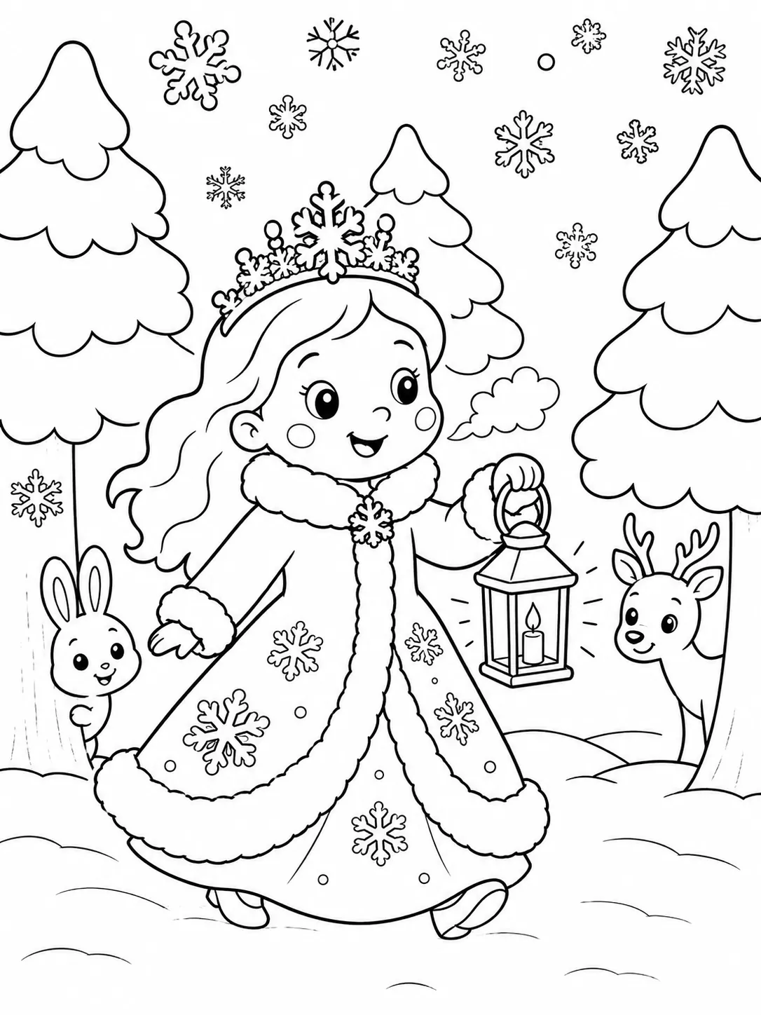 雪花王冠圆圆冬日公主走在雪林