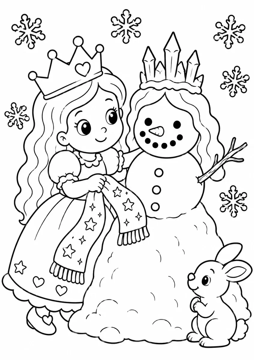 Runde Prinzessin steht stolz neben ihrer selbstgebauten Schnee-Prinzessin