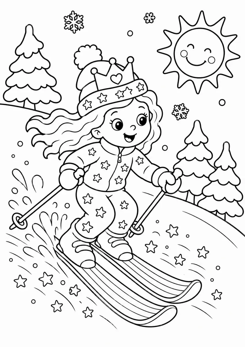 圆圆公主踩彩色彩虹滑雪板滑下雪坡