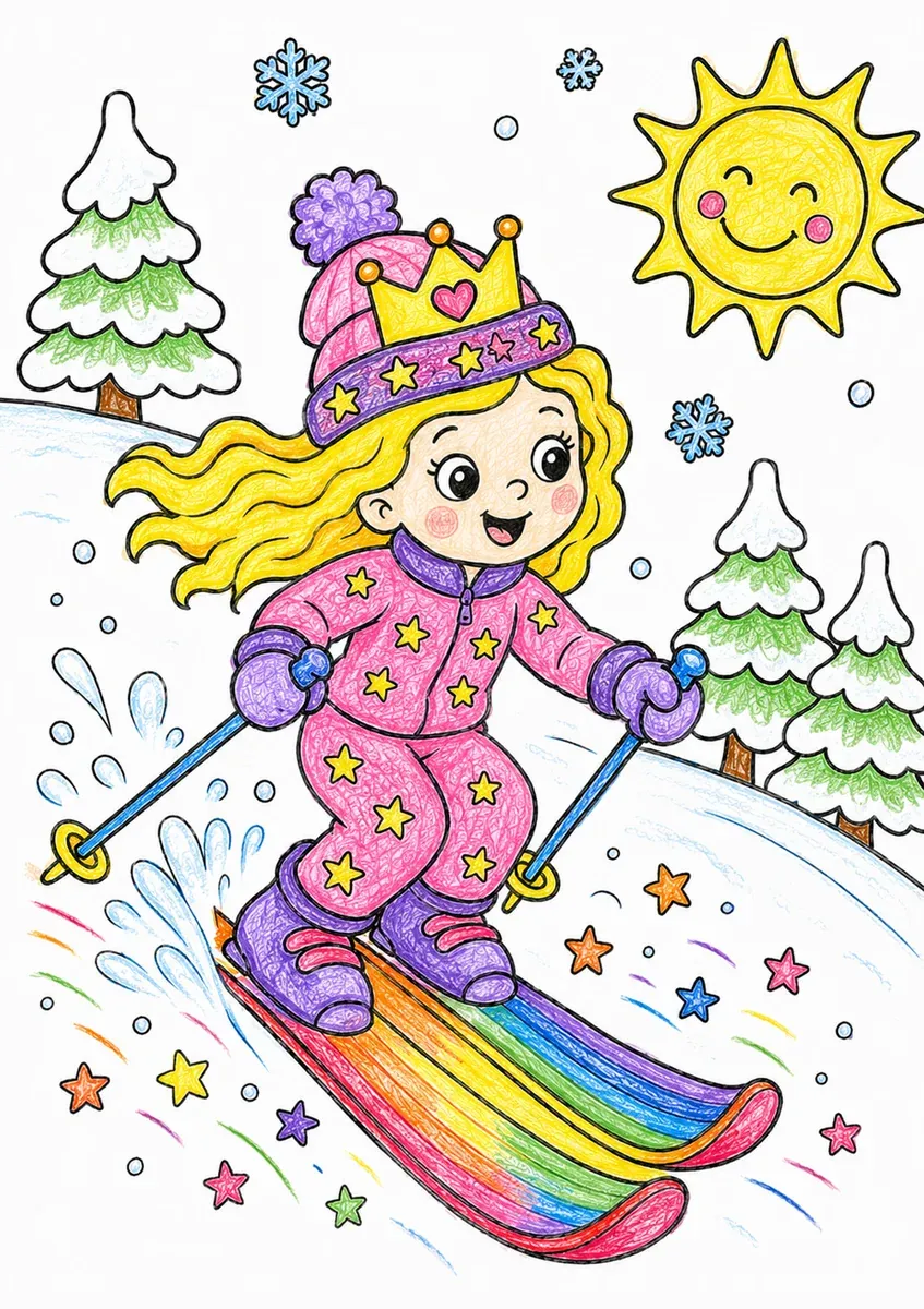 公主踩彩虹滑雪板滑雪
