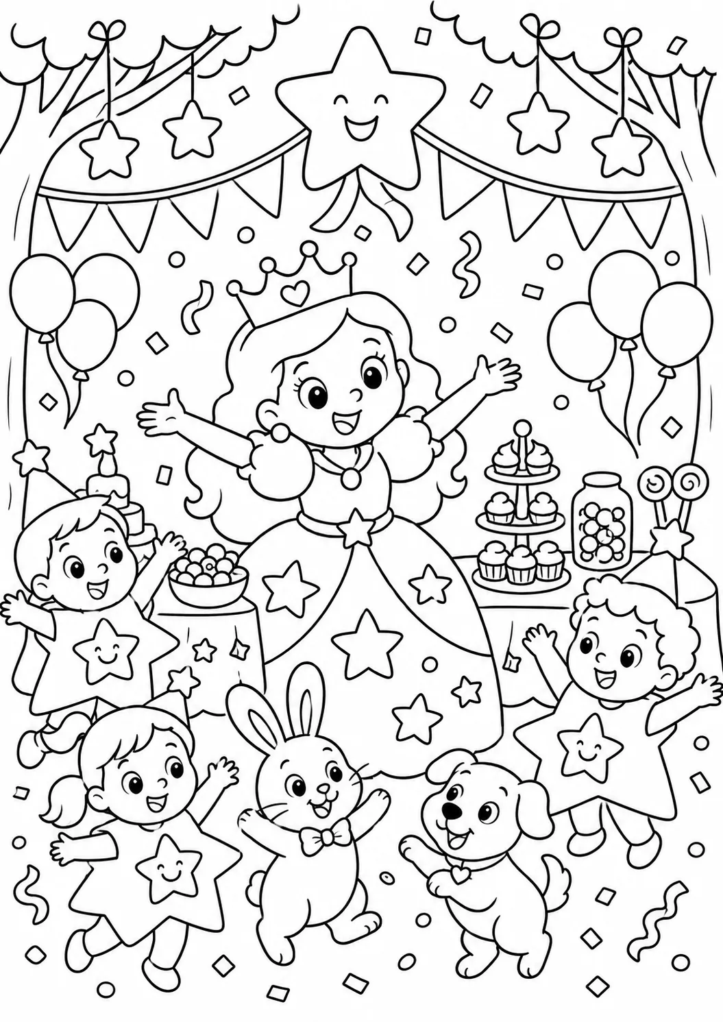 Runde Prinzessin hält ein Kinderfest mit kleinen Kindern in Sternkostümen