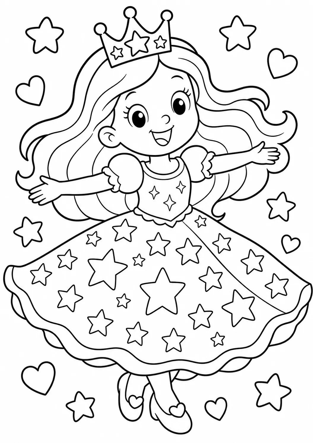 Runde Prinzessin dreht sich in ihrem bunten Sternenkleid