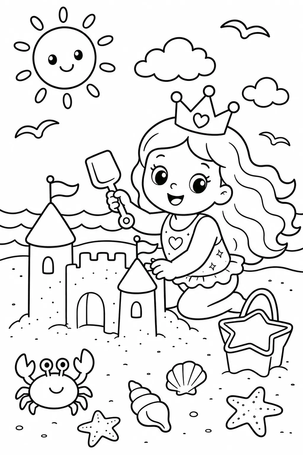 王冠圆圆公主在海滩建沙堡