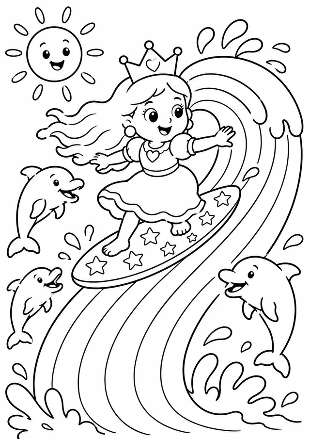 Die Prinzessin surft auf der Regenbogenwelle