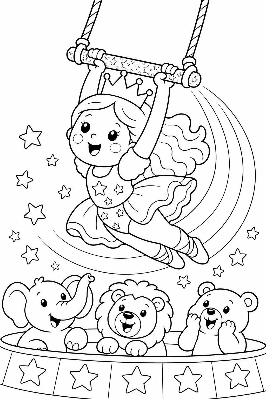 Runde Prinzessin schwingt furchtlos am Zirkus-Trapez