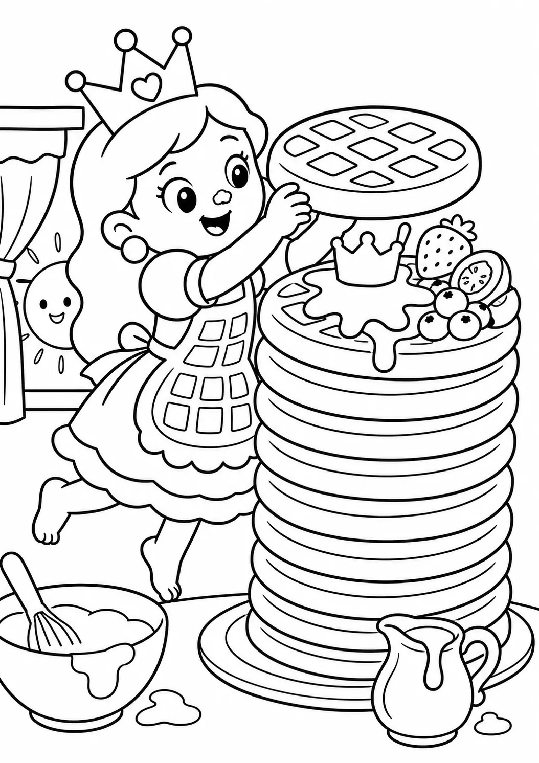 圆圆公主把彩色彩虹华夫饼堆成高塔