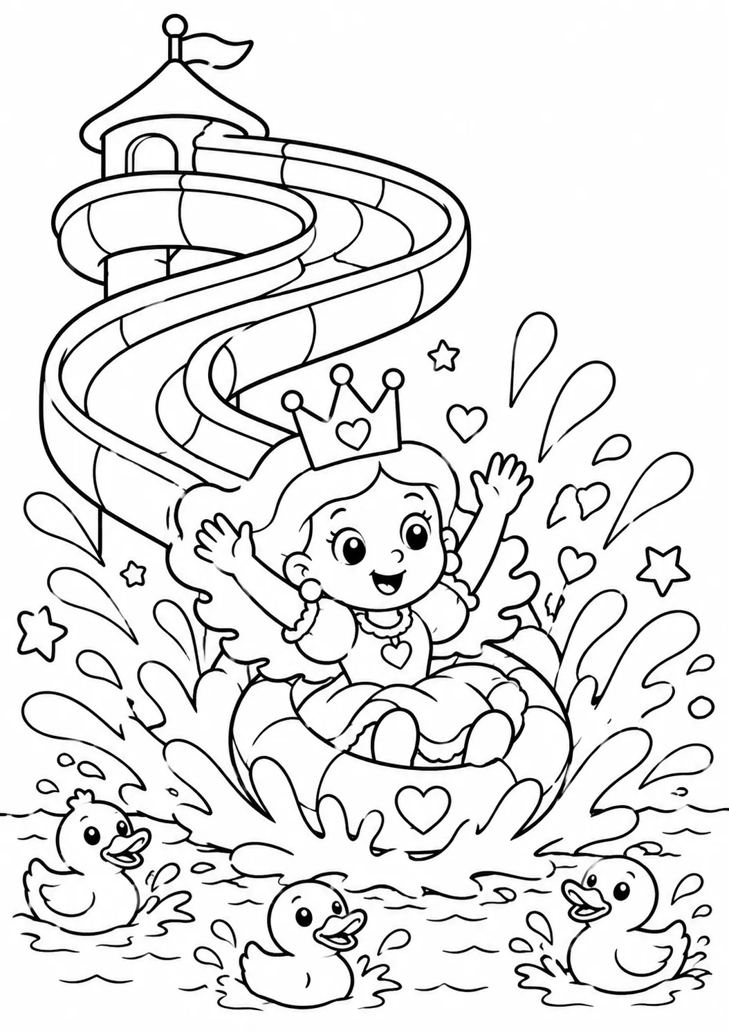 Runde Prinzessin fährt auf einer bunten Regenbogen-Wasserrutsche hinunter