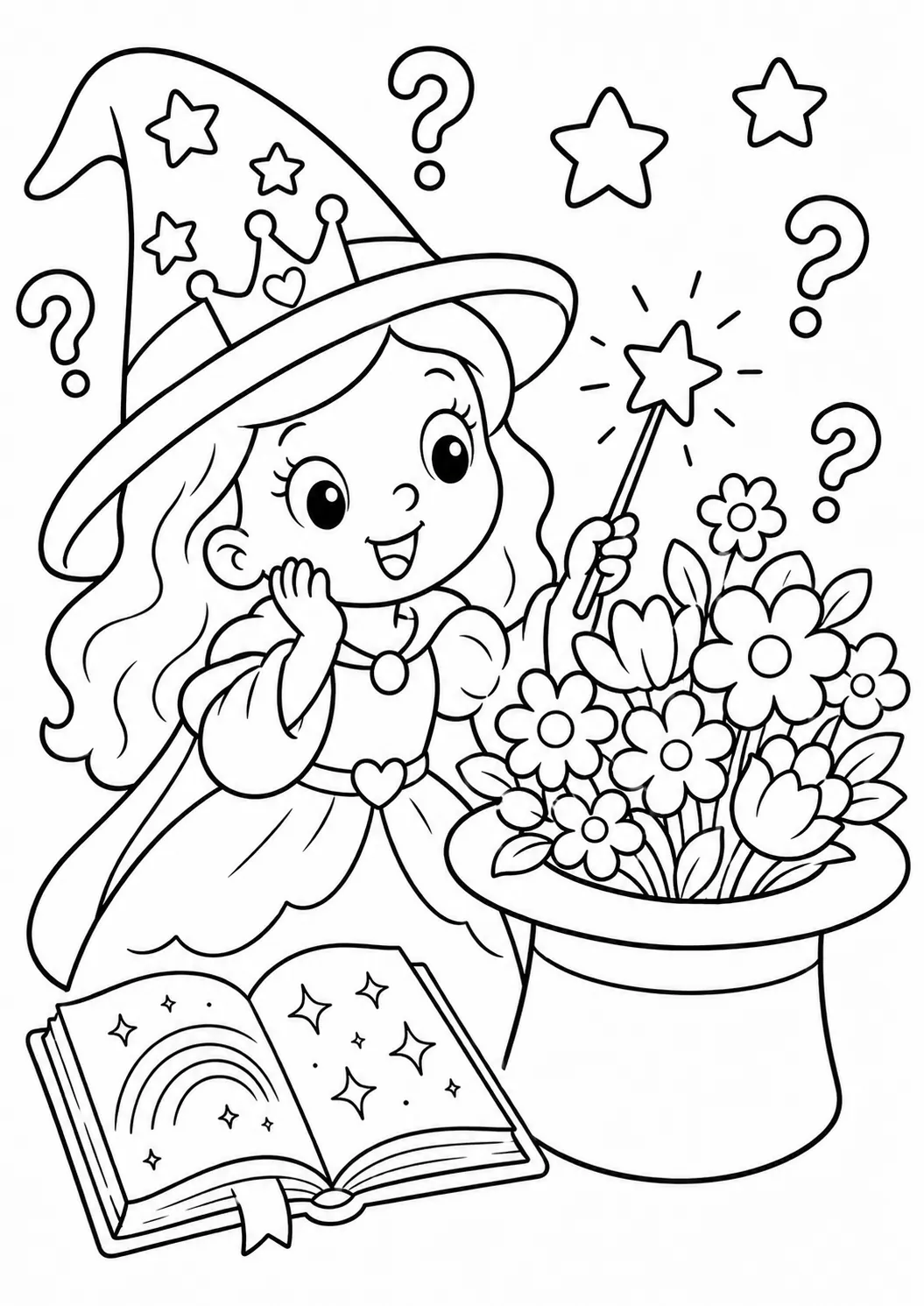 Runde Prinzessin als Zauberlehrling hat versehentlich einen Hut in Blumen verwandelt