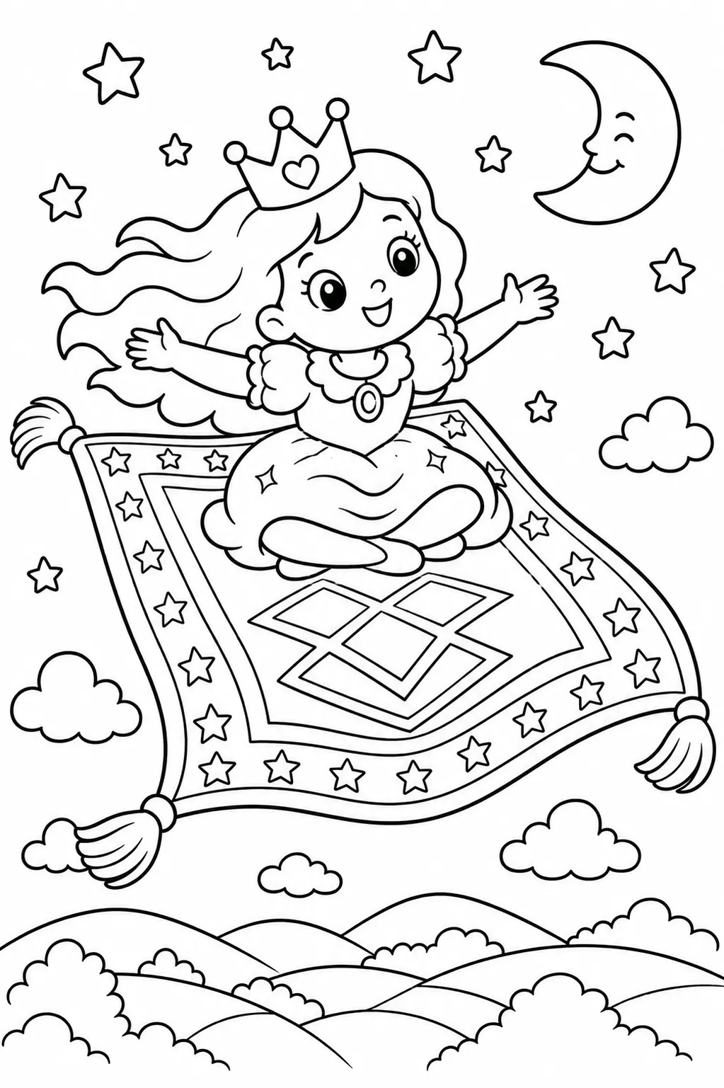 Runde Prinzessin sitzt auf einem bunten Zauberteppich und fliegt durch die Luft