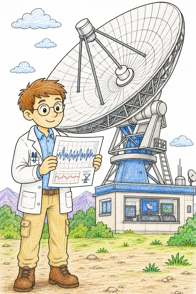 Ausmalseite: Radioastronom hält Datenpapier und steht vor riesiger Parabolantenne einer Radioteleskop-Sternwarte