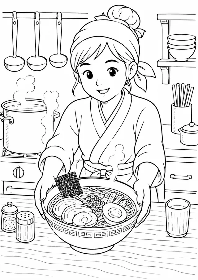 Japanische Ramen-Köchin serviert Ramen-Schüssel