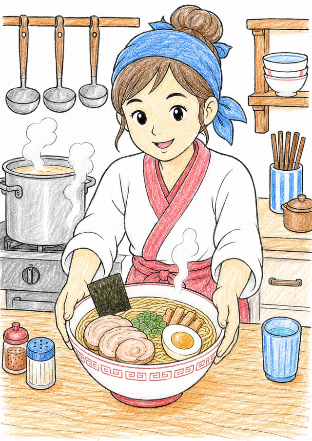 Ausmalvorlage: Japanische Ramen-Köchin mit dampfender Schüssel