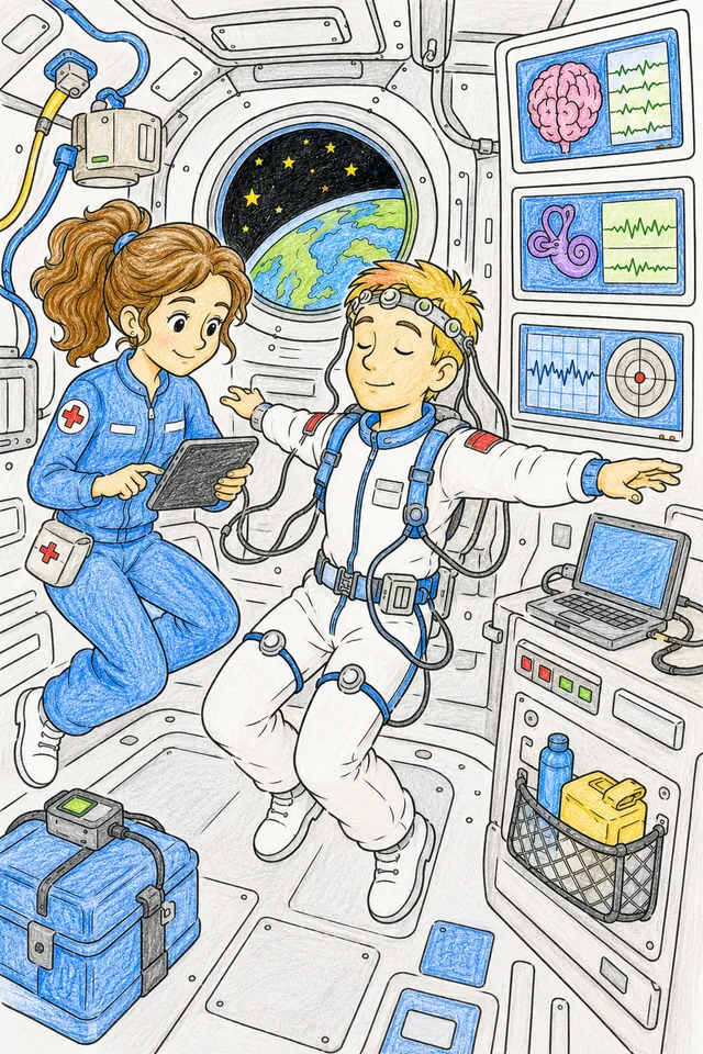 Ausmalseite: Raumfahrtmedizinerin führt Gleichgewichtstest an schwebend Astronauten in Raumstation durch, Datenschirme mit Hirnaktivitätsmessung an Wand