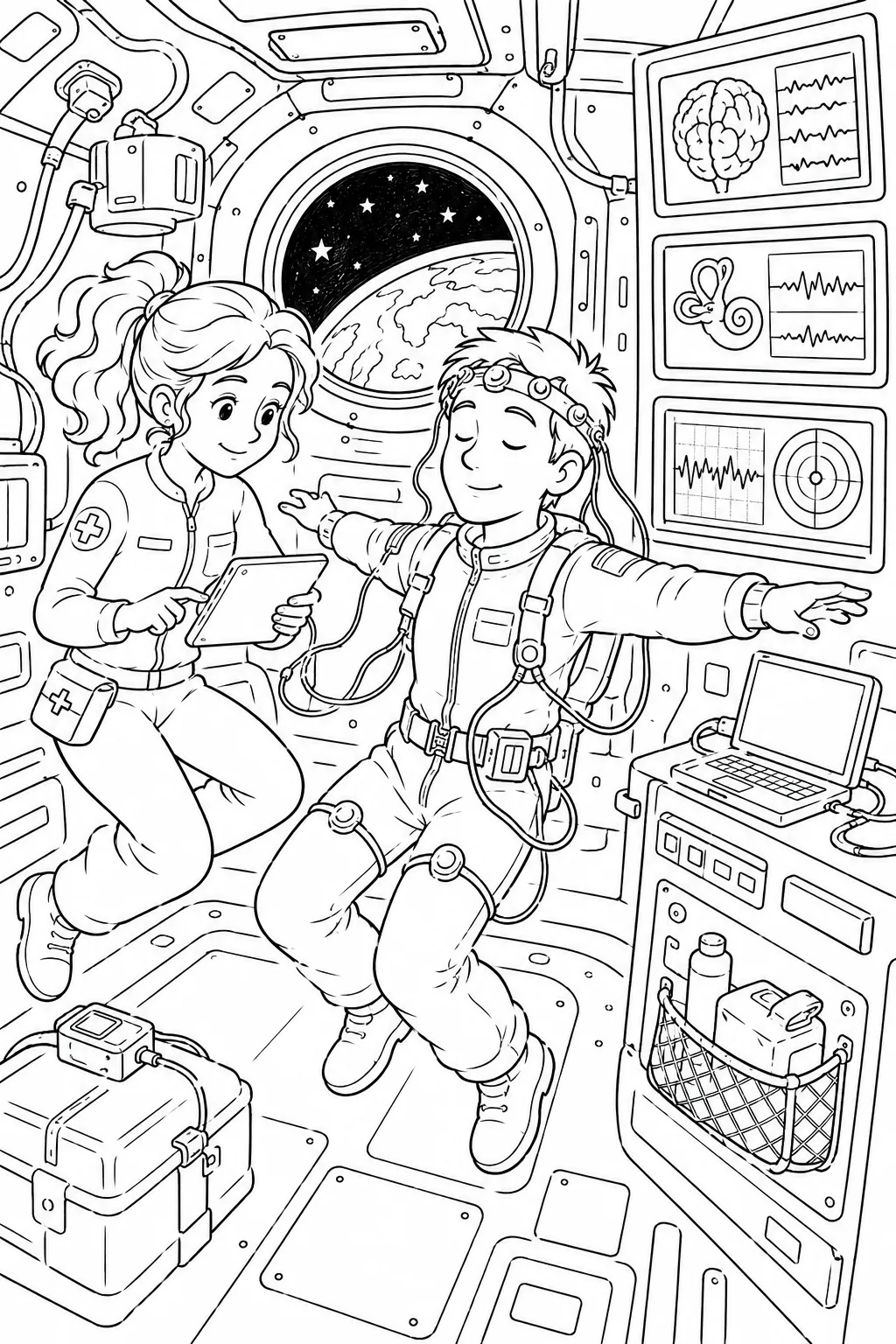 Ausmalseite: Raumfahrtmedizinerin führt Gleichgewichtstest an schwebend Astronauten in Raumstation durch, Datenschirme mit Hirnaktivitätsmessung an Wand