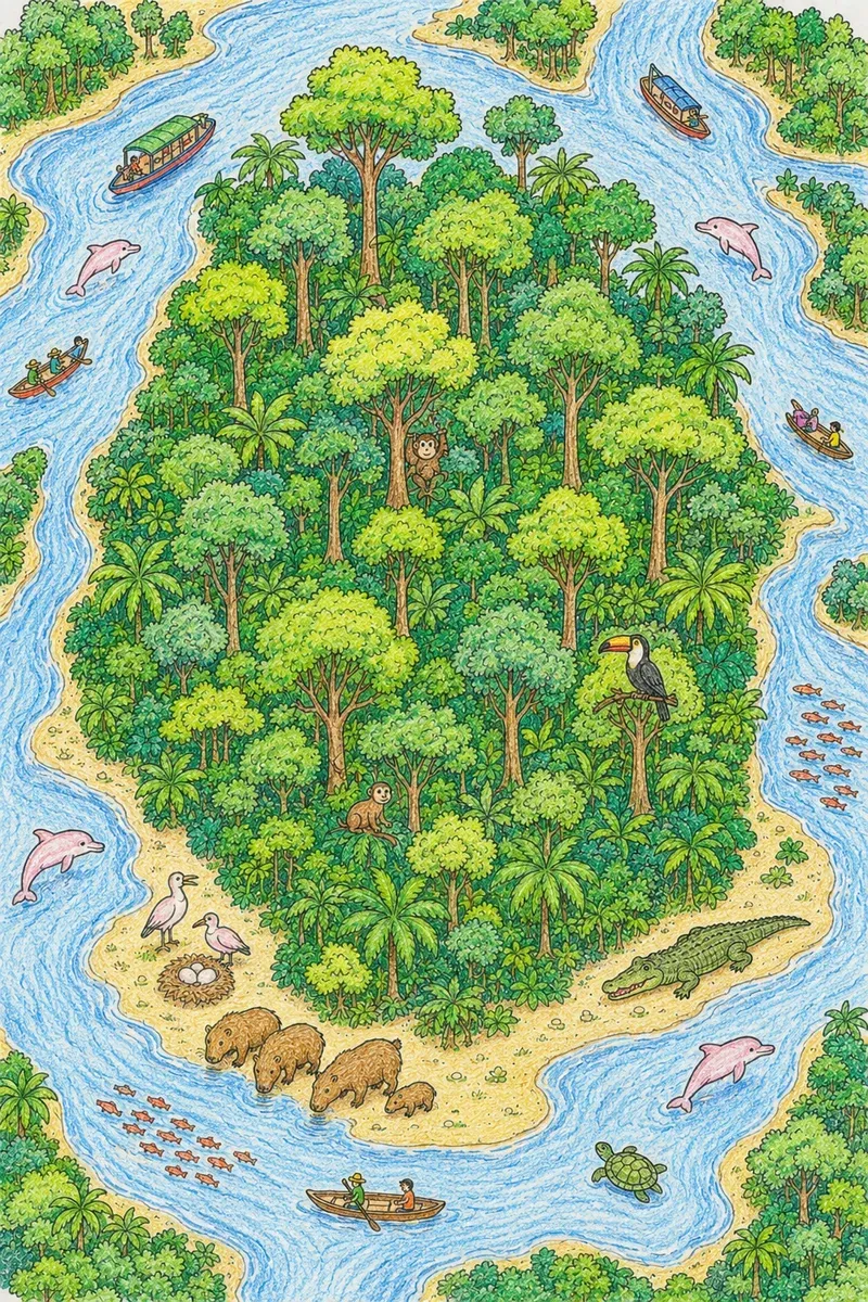 Amazonas-Insel von oben in der Vogelperspektive