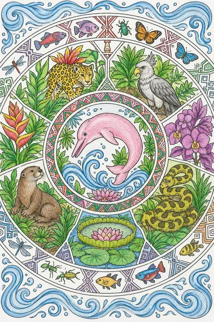 Ausmalbild: Komplexes Amazonas-Mandala mit Boto-Delfin im Zentrum indigenen Mustern und tropischen Regenwald-Tieren in Ringen