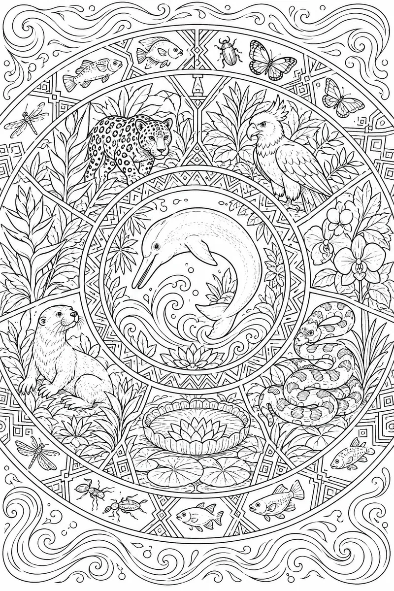 Ausmalbild: Komplexes Amazonas-Mandala mit Boto-Delfin im Zentrum indigenen Mustern und tropischen Regenwald-Tieren in Ringen