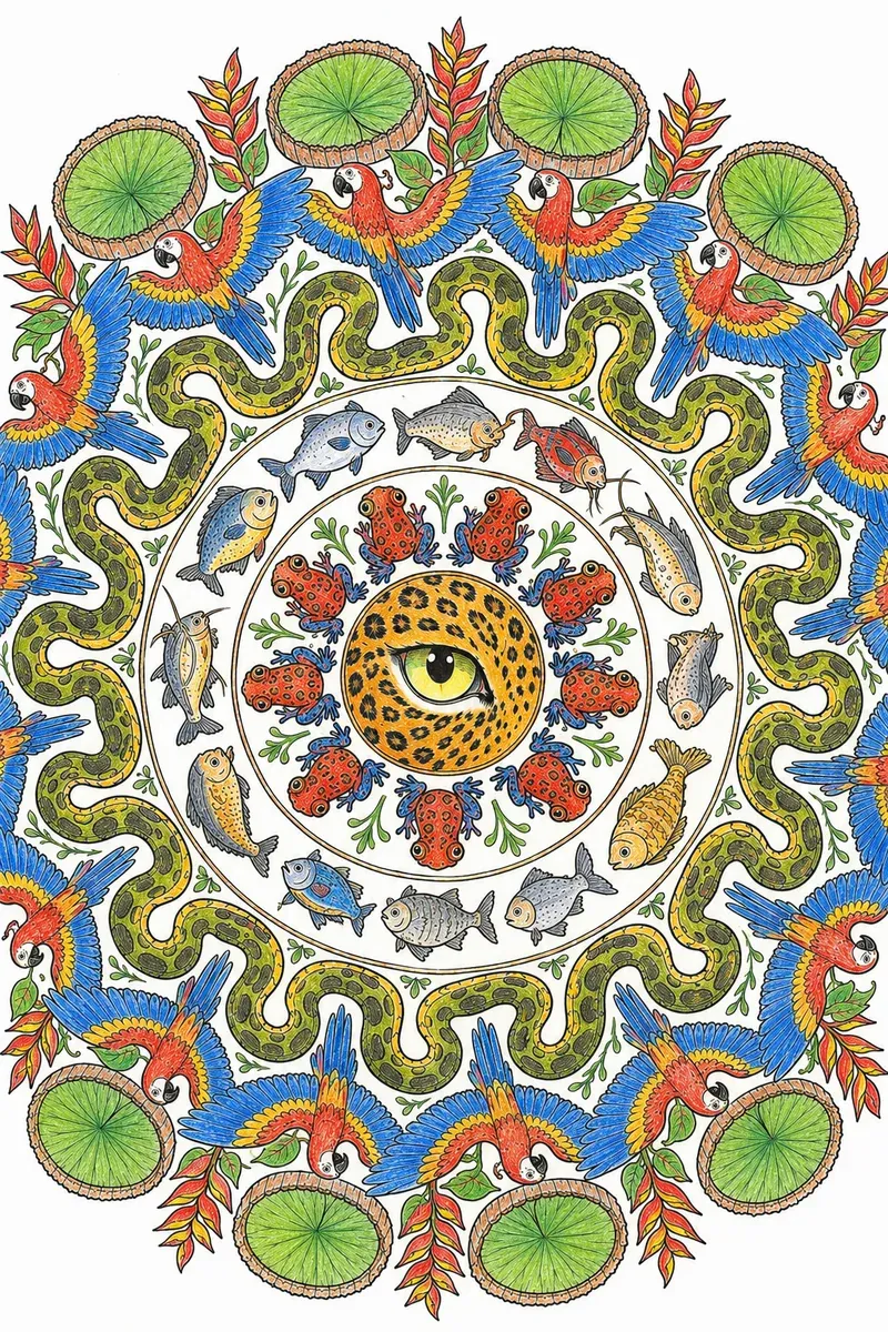 Amazonas-Tier-Mandala aus den Tieren des Regenwalds