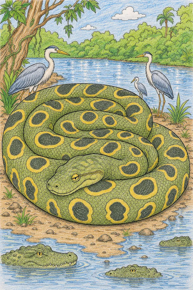 Ausmalbild: Riesige gerollte Grüne Anaconda mit detailliertem Schuppenmuster liegt majestätisch am Amazonas-Flussufer