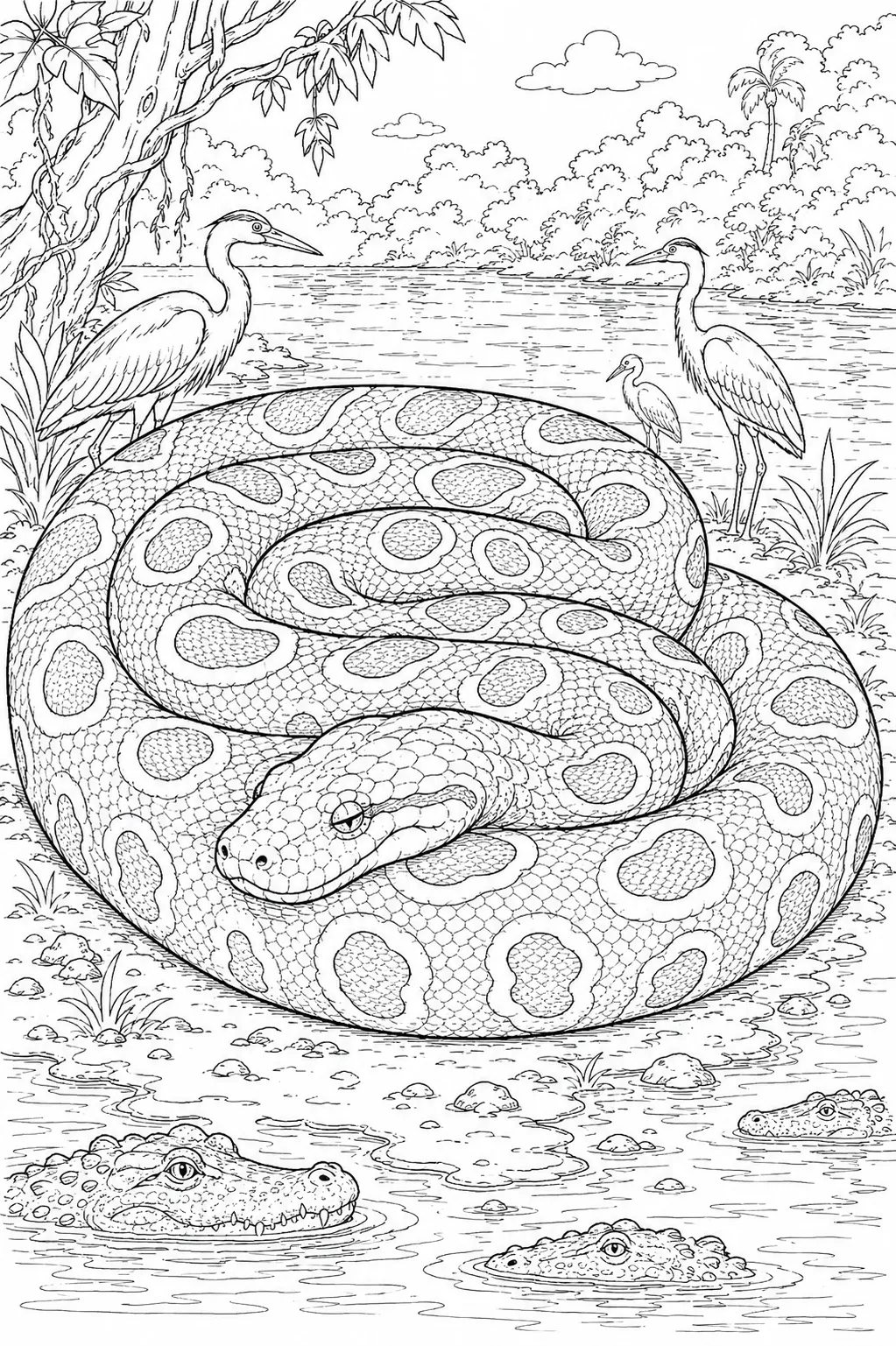 Ausmalbild: Riesige gerollte Grüne Anaconda mit detailliertem Schuppenmuster liegt majestätisch am Amazonas-Flussufer