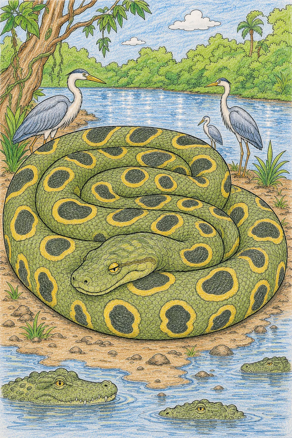 Anaconda schläft gerollt auf dem Flussufer