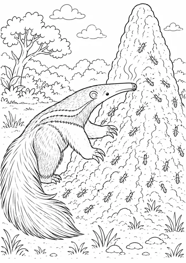 Riesenanteater riecht an einem riesigen Termitenhügel