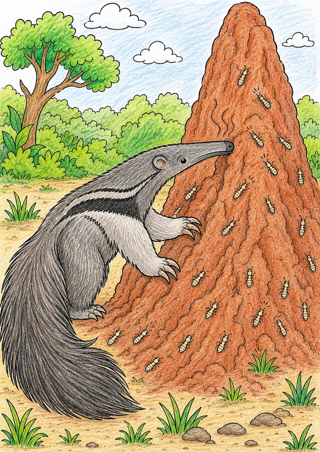 Ausmalbild: Riesenanteater mit langer Schnauze und buschigem Schwanz steht vor einem riesigen roten Termitenhügel