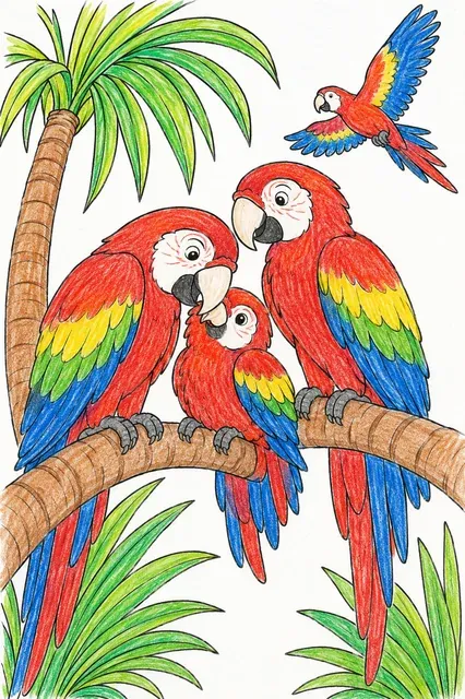 Ausmalbild: Farbenprächtiger Ara-Papagei mit Familie putzt sich gegenseitig auf einem Palmast im Amazonas