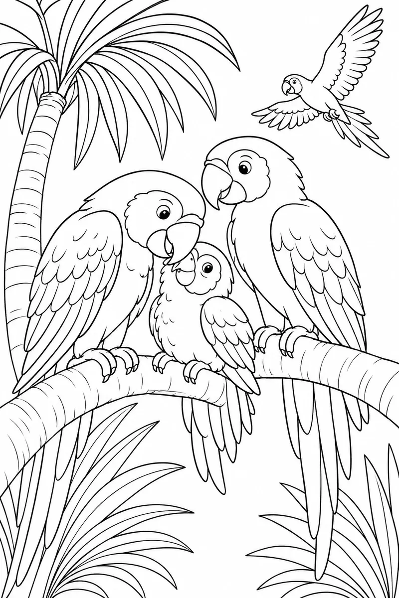 Ausmalbild: Farbenprächtiger Ara-Papagei mit Familie putzt sich gegenseitig auf einem Palmast im Amazonas