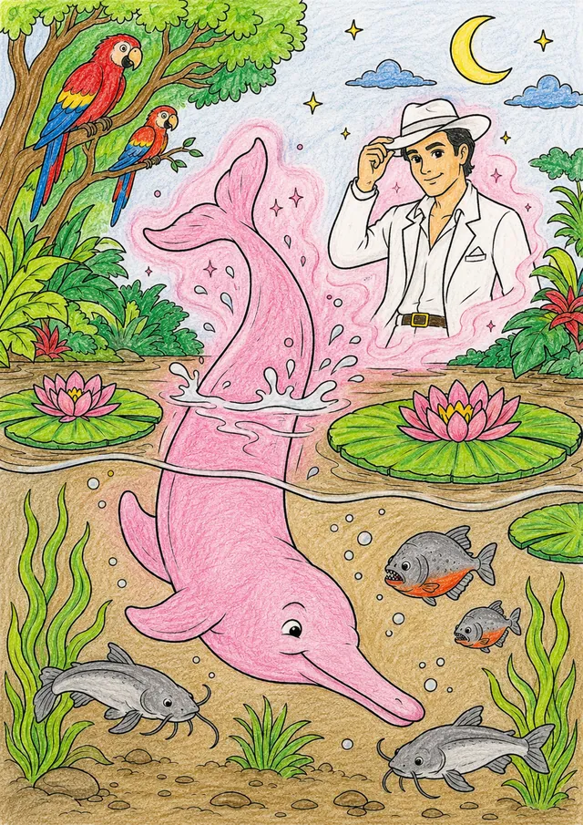 粉红河豚在亚马逊河中潜水 – 涂色效果预览