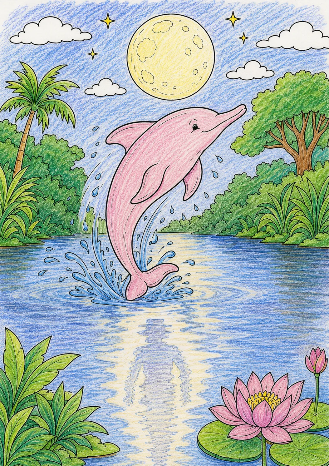 Boto-Delfin tanzt im silbernen Mondlicht