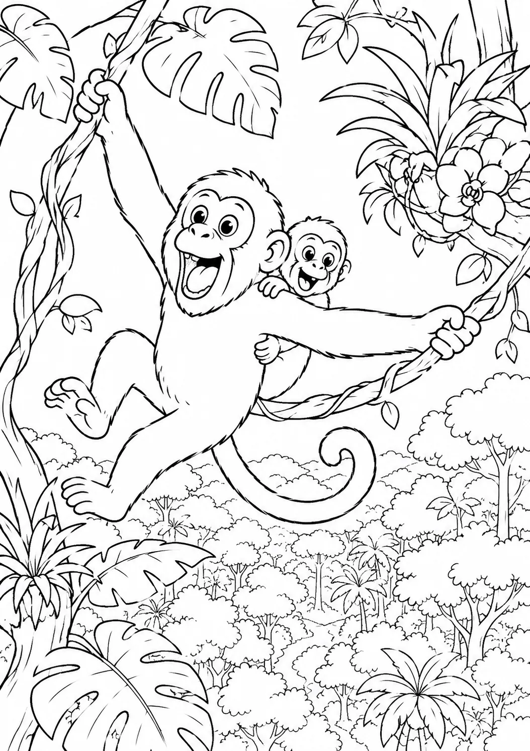 Ausmalbild: Rostroter Brüllaffe mit Baby auf dem Rücken schwingt auf Liane durch die üppige Amazonas-Regenwald-Krone