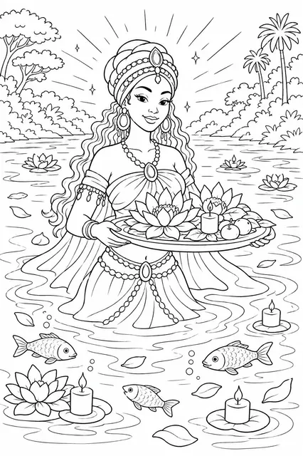 Candomblé Goddess with Water Flowers and River Offerings