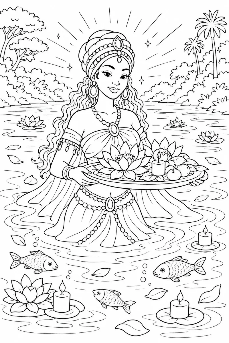 Ausmalbild: Candomblé-Göttin mit weißem Kleid und Seerosen-Tablett steht in goldener Aura im Amazonas-Fluss