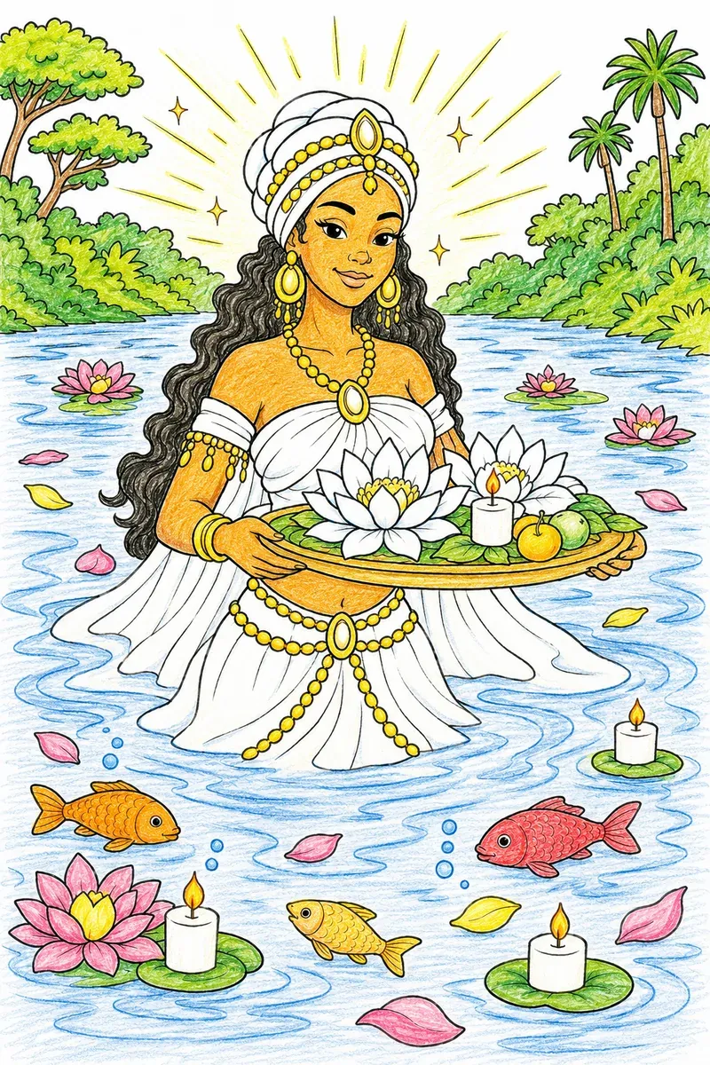 Candomblé-Göttin mit Wasserblumen und Fluss-Opfern