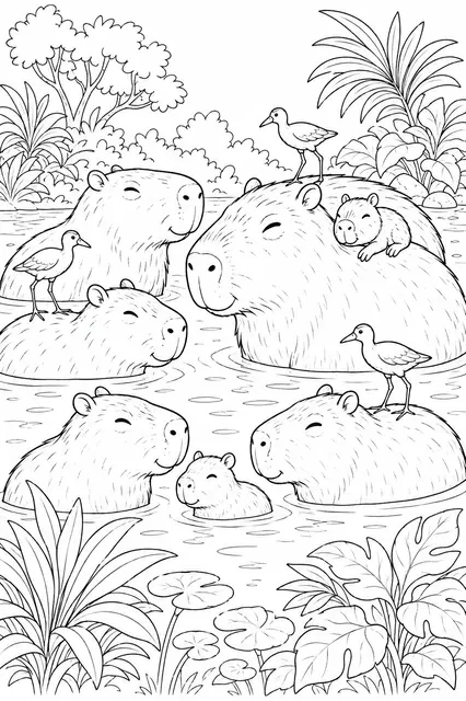 Capybara-Familie badet zusammen im warmen Fluss