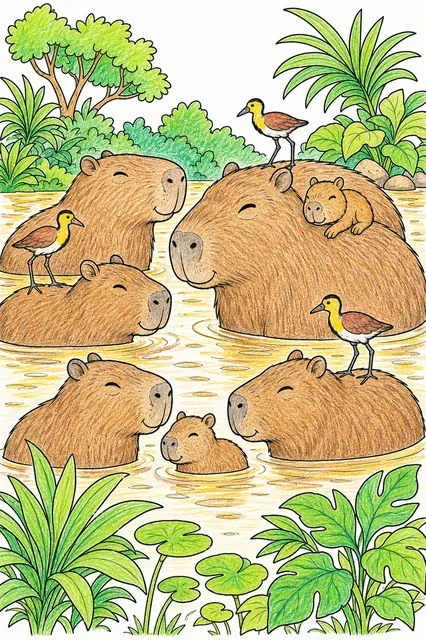 Ausmalbild: Gruppe zufriedener Capybaras badet im Amazonas-Fluss mit einem Baby auf dem Rücken des größten Tieres