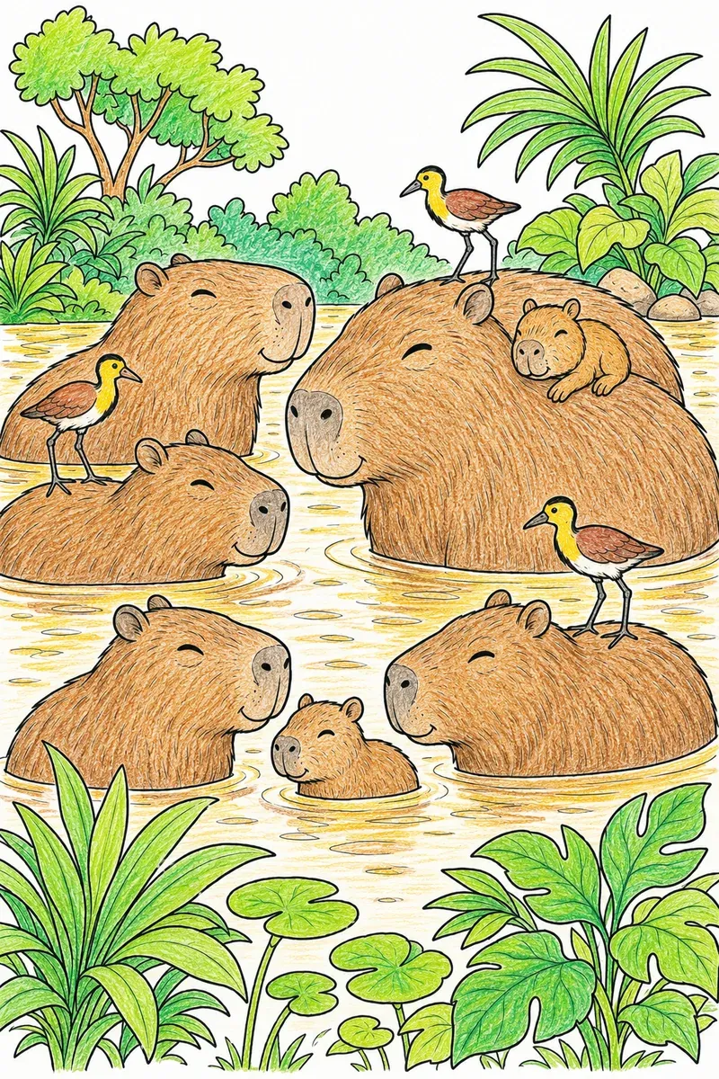 Capybara-Familie badet zusammen im warmen Fluss