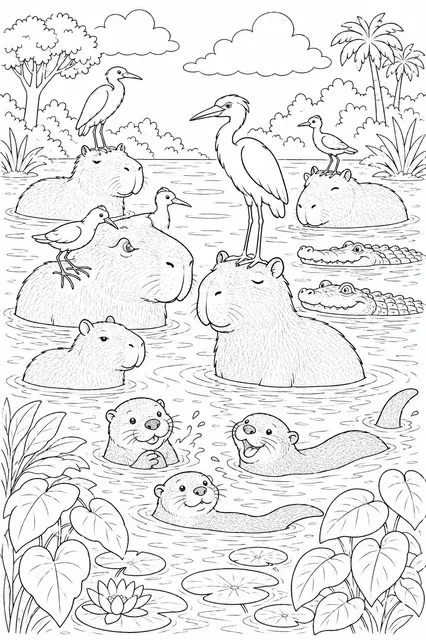Capybara und Freunde beim geselligen Gemeinschaftsbad