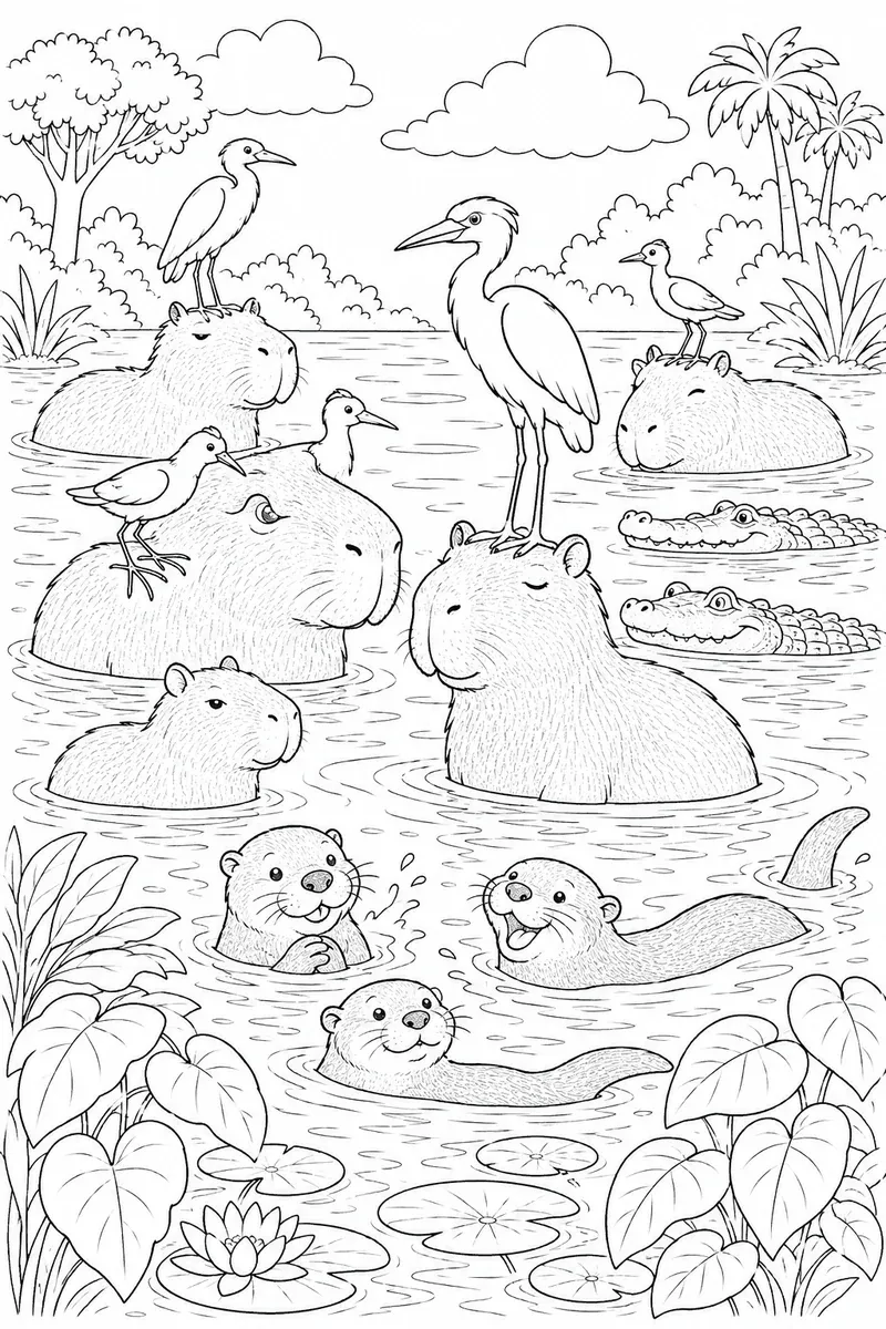 Ausmalbild: Capybaras genießen geselliges Bad im Amazonas mit Reihern auf dem Rücken und Riesenottern in der Nähe