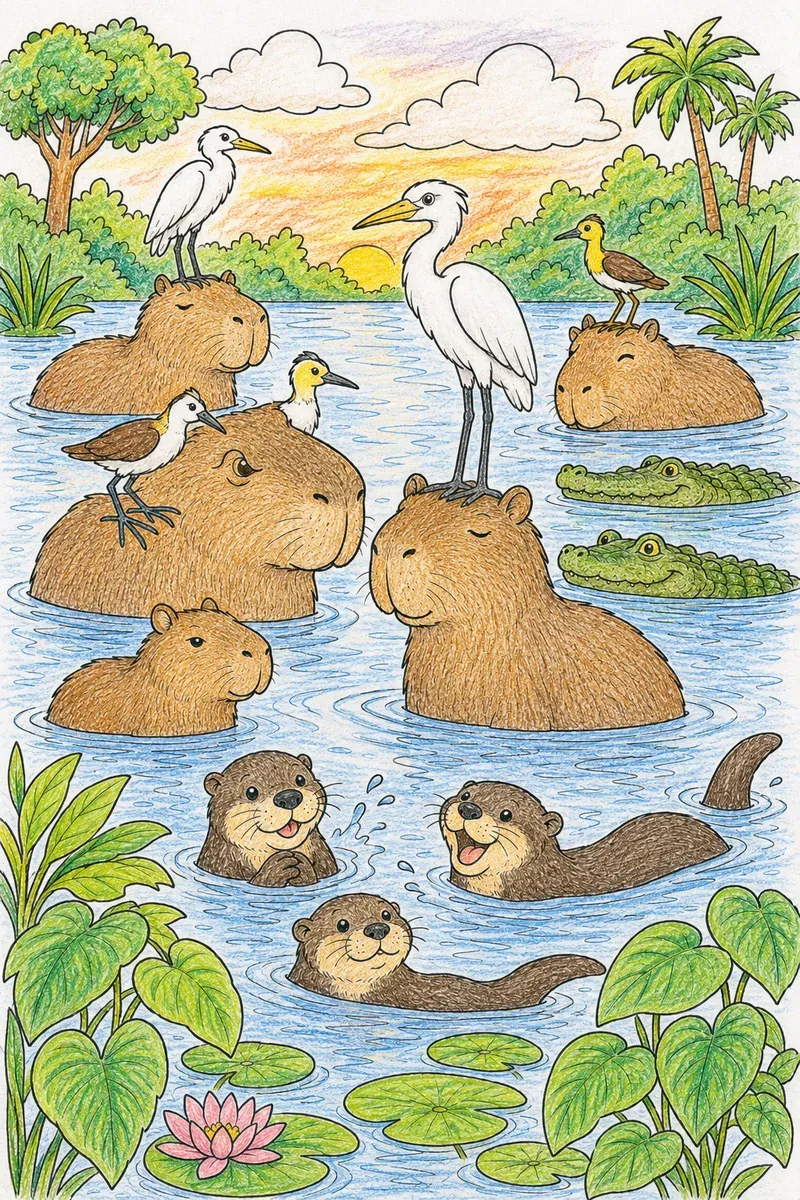 Capybara und Freunde beim geselligen Gemeinschaftsbad