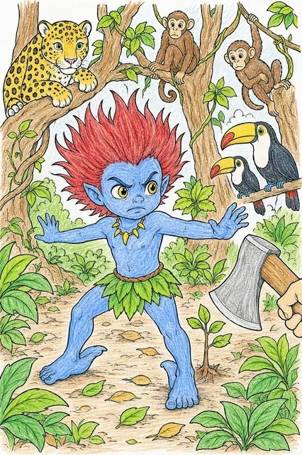 Ausmalbild: Feuriger Waldgeist Curupira mit roten Haaren und rückwärts gedrehten Füßen schützt einen Setzling vor einer Axt