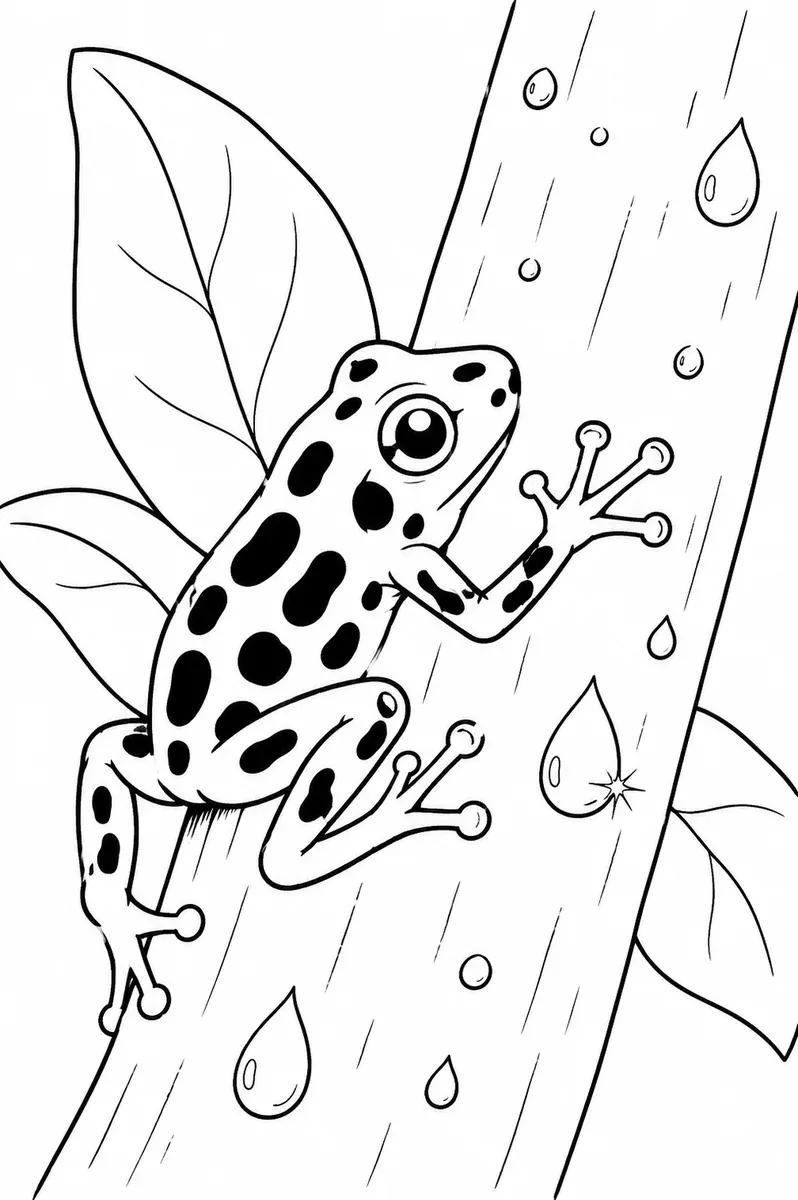 Ausmalbild: Winziger leuchtend blauer Giftpfeilfrosch klettert mit Haftscheiben an einem grünen Pflanzenstängel hoch