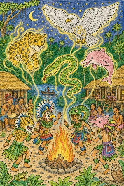 Aldea indígena con espíritus animales durante ritual nocturno – Asi podria quedar