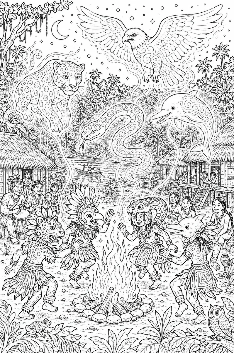 Colorear: wimmelbild mostrando aldea amazónica durante ritual nocturno místico con apariciones de espíritus animales brillantes
