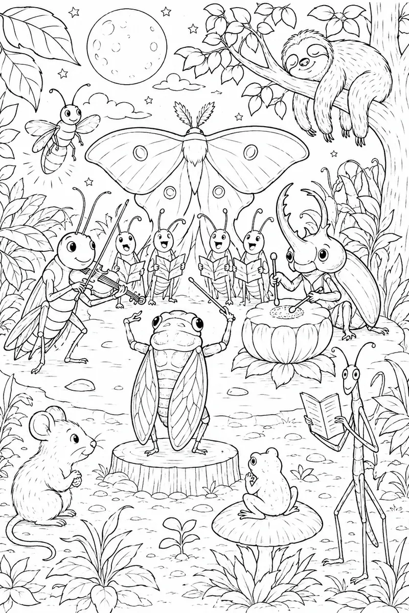 Ausmalbild: Fantasievolles Nachtkonzert im Regenwald mit musizierenden Insekten und Glühwurm-Scheinwerfer