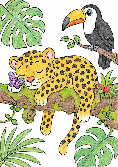 Ausmalbild: Kleines geflecktes Jaguarkind schläft friedlich auf einem breiten Ast im Amazonas-Regenwald