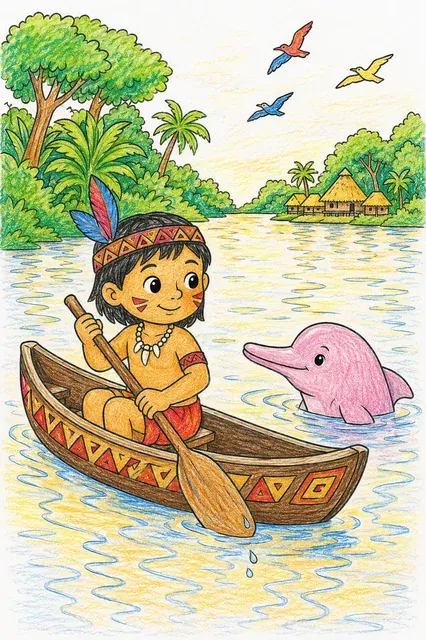 小孩在河上划独木舟 – 涂色效果预览
