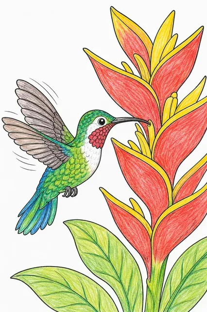 Ausmalbild: Schillernder grün-roter Kolibri schwebt mit verschwimmenden Flügeln vor einer riesigen leuchtenden Heliconie