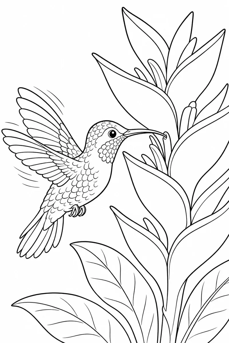 Ausmalbild: Schillernder grün-roter Kolibri schwebt mit verschwimmenden Flügeln vor einer riesigen leuchtenden Heliconie